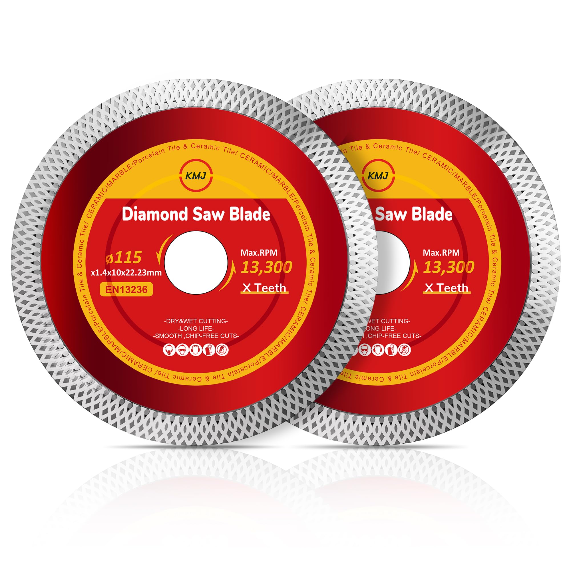 KMJ A-Grade 2 Pack Mesh 115mm Diamond Cutting Disc – Wet Tile Cutting Disc for Angle Grinder, Ideal for Marble, Tiles, Ceramic & Porcelain Cutting - Size 115 x 1.4 x 10 x 22.23 mm