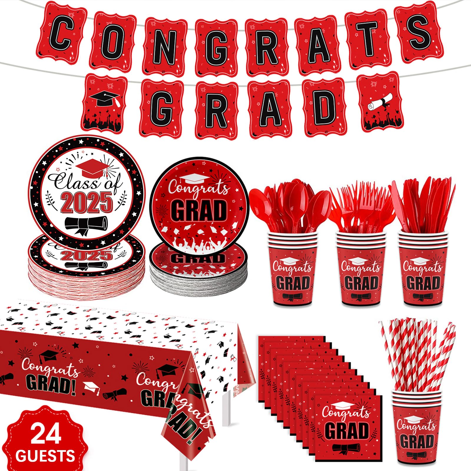 Graduation Party Supplies Congrats Grad Decorations Class of 2025, Disposable Plates and Napkins with Banner Tablecloth Cups Dinnerware Sets for