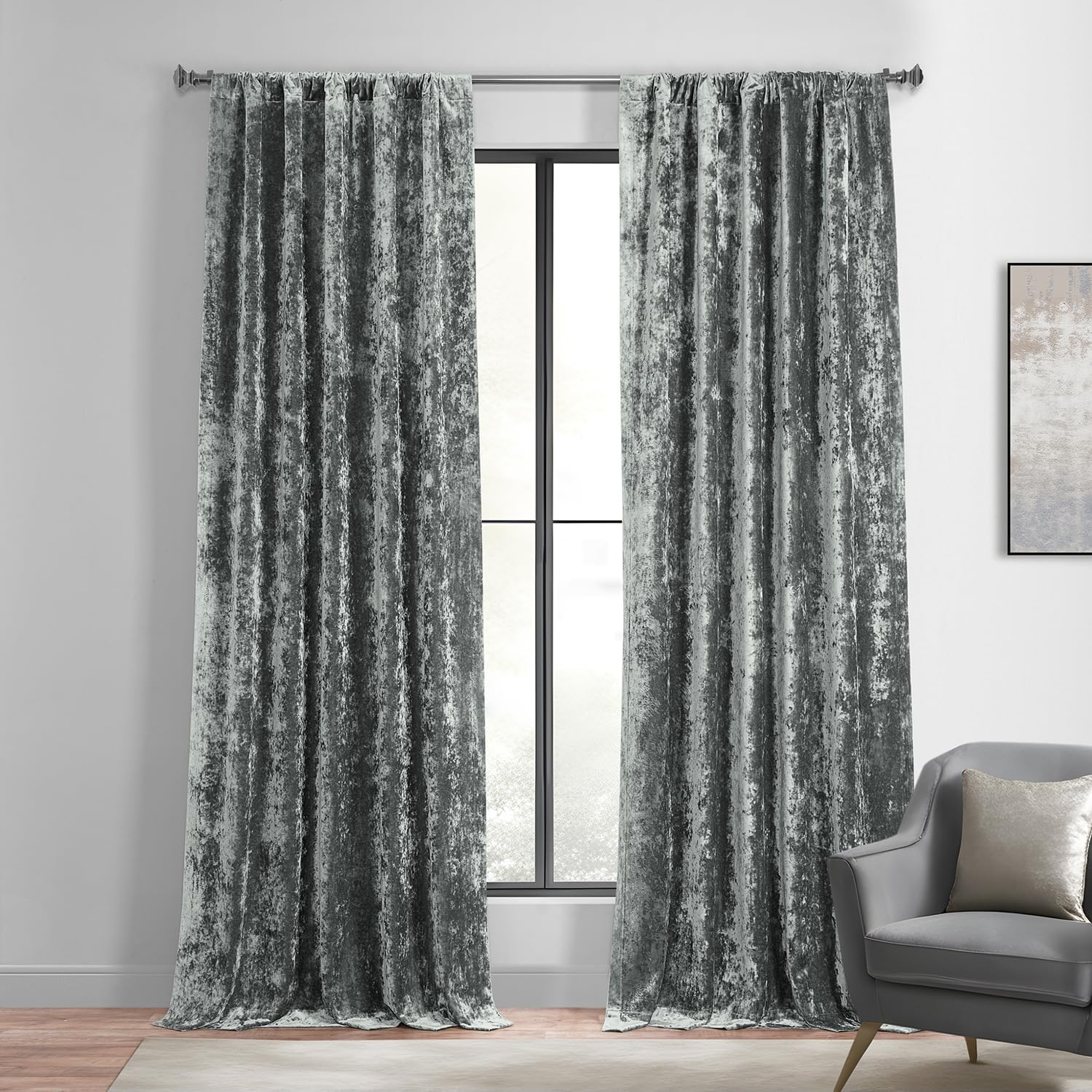 HPD Half Price Drapes Lush Crush Velvet Curtains - Room Darkening Curtain 96 Inches Long for Bedroom & Living Room, Luxury Look, Rod Pocket Design, (1 Panel), 50W x 96L, Stone Grey