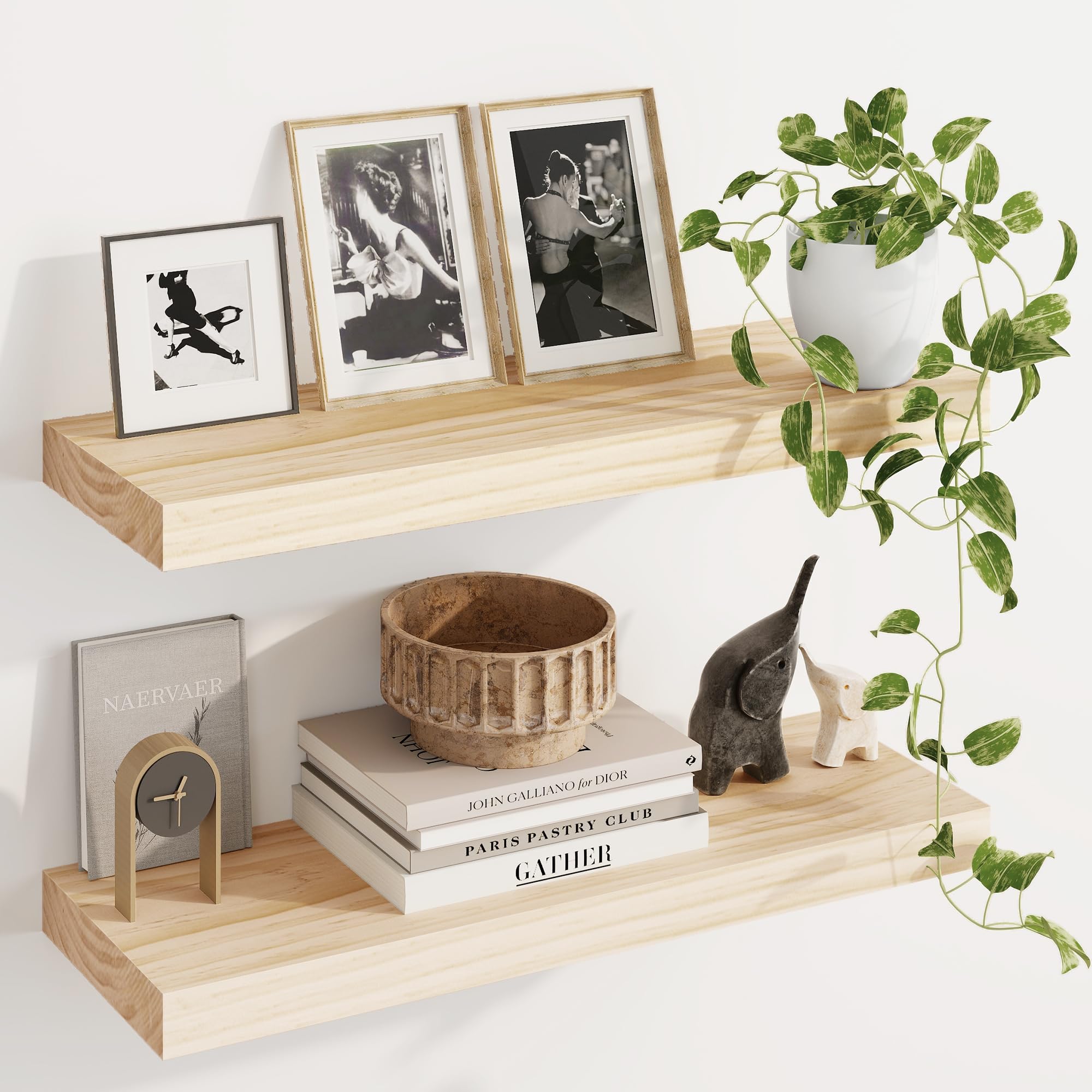 Fun Memories Wood Floating Shelves Set of 2, Rustic Pine Wood Floating Shelves for Wall Mounting, Wide Wall Shelf for Home Decor and Storage, 24" W x