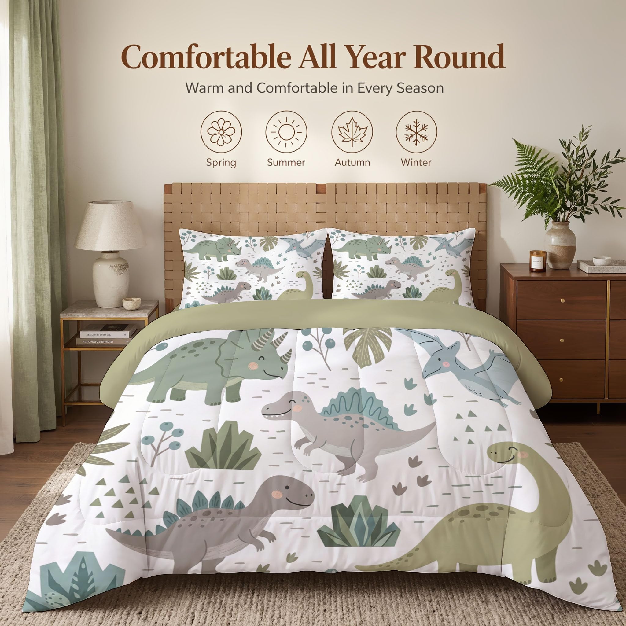 Couette Dessins animés Amusants 2pc Fille Tempérée pour lit 1 Personne-100% Microfibre -Enfant 4 Saisons et 240x260cm + 1 Taie d'oreiller 65x65 cm -Animaux, Dinosaures, Palmiers, Cactus