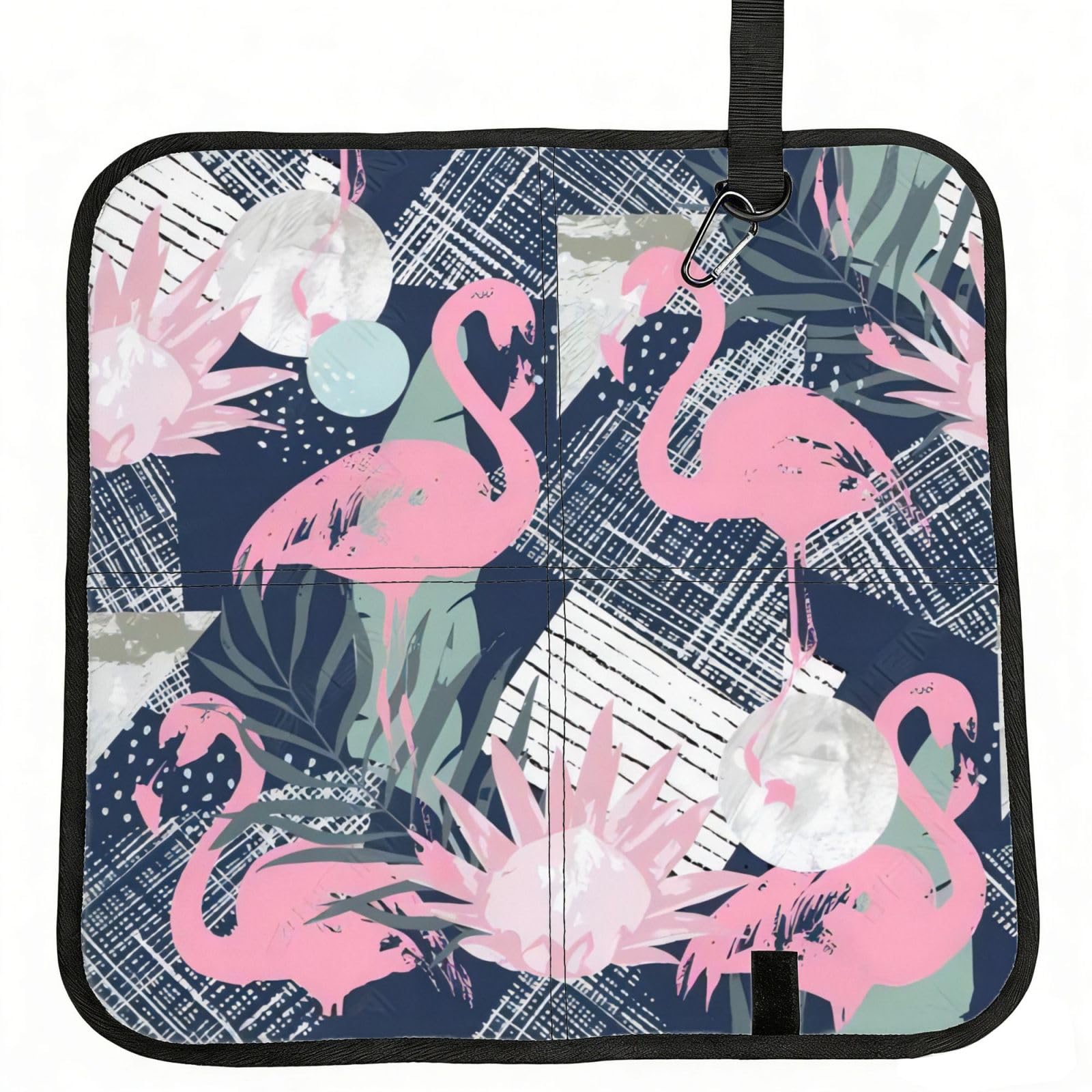 WBQLSL Pink Flamingo and Leaves Foldable Seat Cushion - Portable Stadium Pad with Carabiner for Camping Hiking Picnic Beach