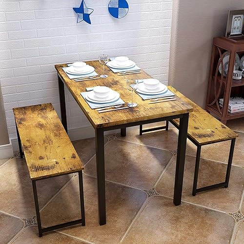 DKLGG Juego de mesa de comedor para 4-6, mesa de cocina y sillas para 4, juego de mesa de comedor de madera con 2 bancos, juego de mesa de comedor