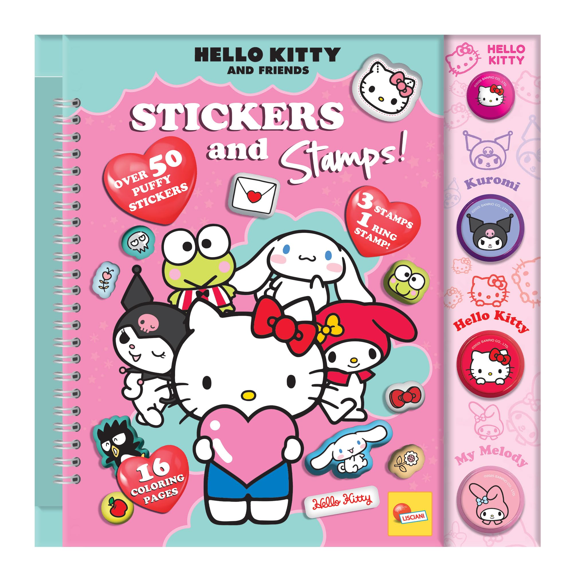 Lisciani, HELLO KITTY AND FRIENDS, Sticker And Stamp Coloring Book For Kids Ages 5+, 16 Pages With 3 Stamps