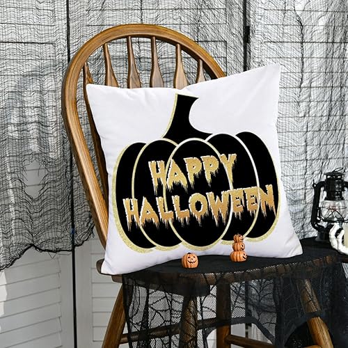 Miniatura 2 de Fundas de almohada de 18 x 18 pulgadas con diseño de calabaza de Feliz Halloween, color blanco y negro, súper suaves, para decoración de casa de