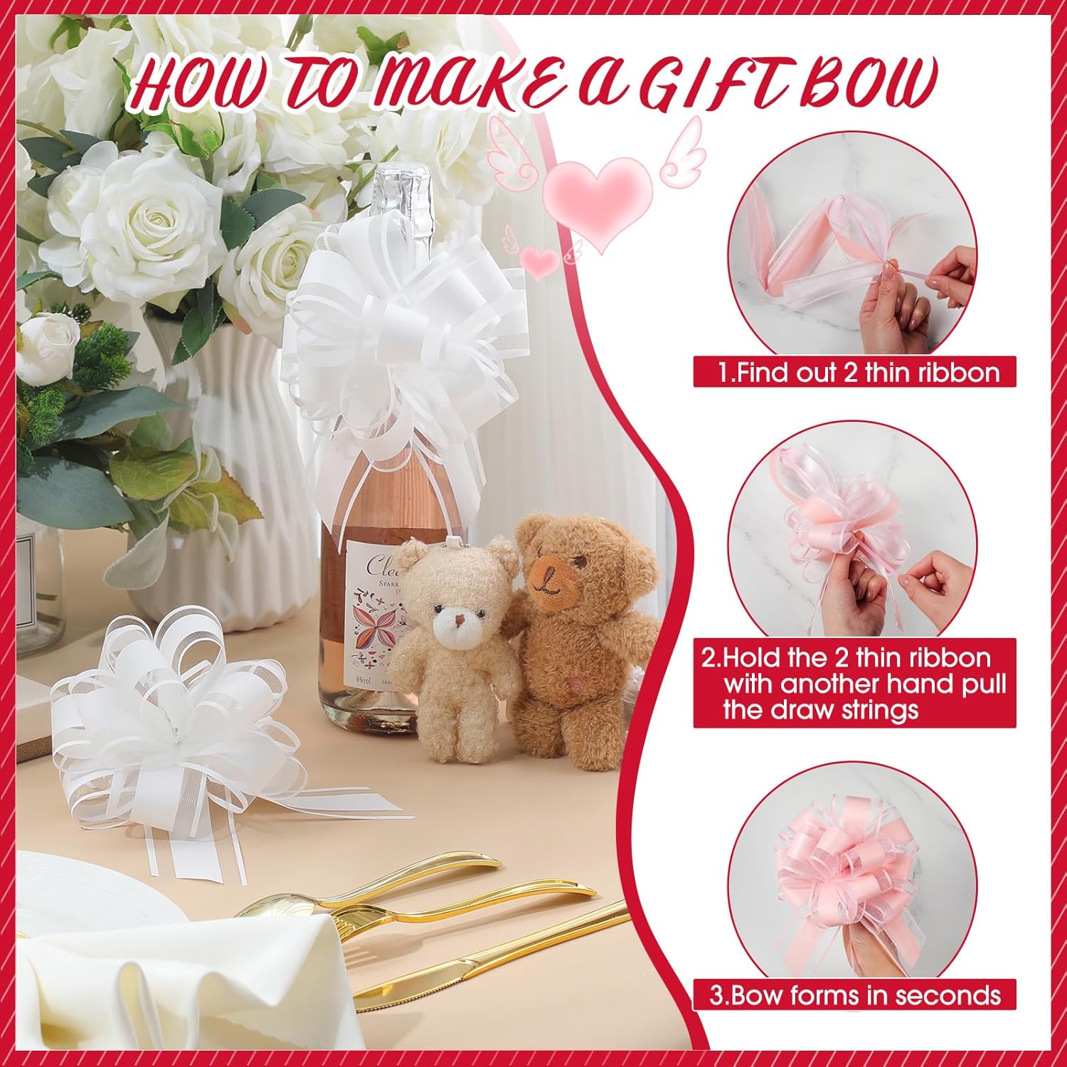 Poen 48 Pcs 6 Inch Large Wedding Pull Bows Pink and Red Gift Bow Matte Gift Wrap Bows and Ribbon Bows for Wrapping Boxes or Party Decorations, Mother's Day Gift Party Decorations - Image 3