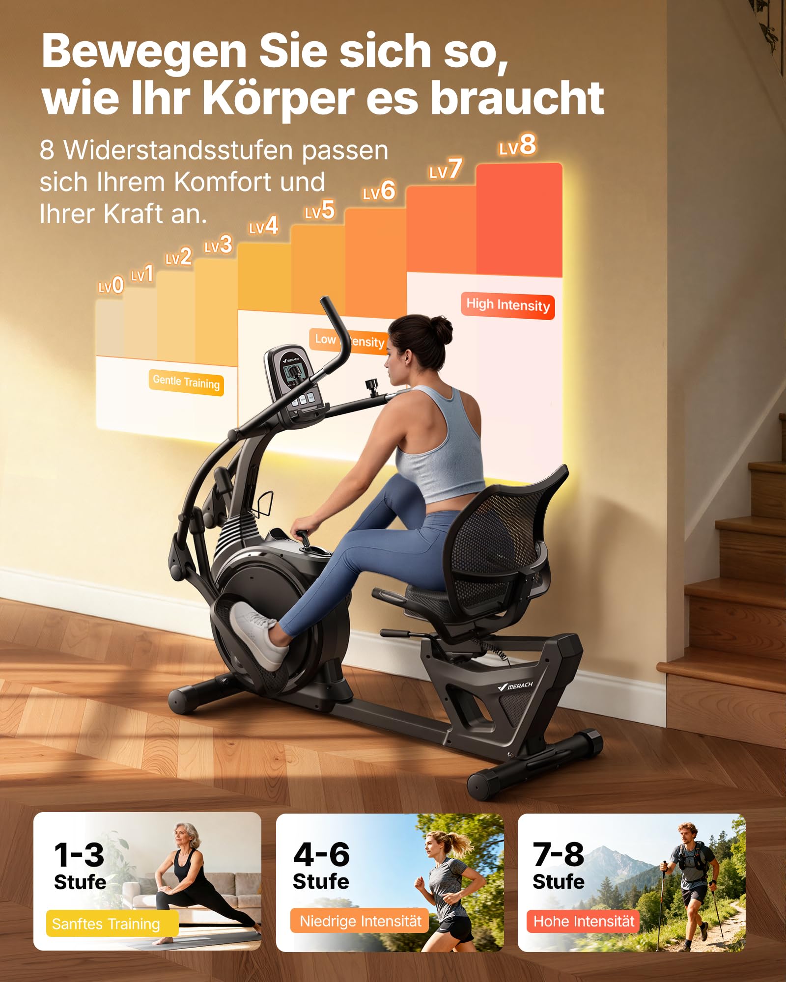 MERACH Liegeergometer für Zuhause mit 8 verstellbaren Widerstandsstufen, leichte kommerzielle Heimtrainer Fahrrad mit Smart Bluetooth, exklusiver App-Konnektivität, LCD-Display, Herzfrequenzsensoren