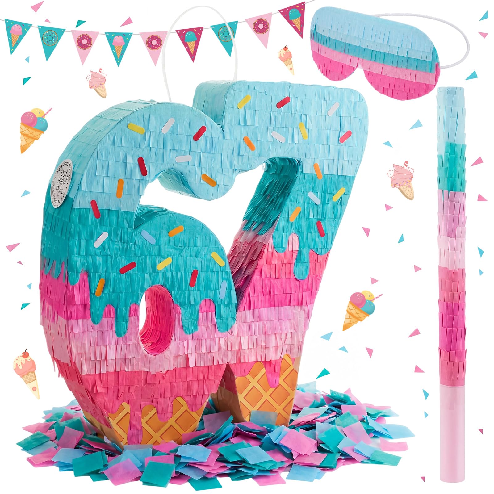 Sanwuta Juego de piñata de helado 67 con máscara de palo de murciélago y confeti, decoración de fiesta temática de Sundae multicolor, cartón duradero, ideal para celebración de cumpleaños de verano
