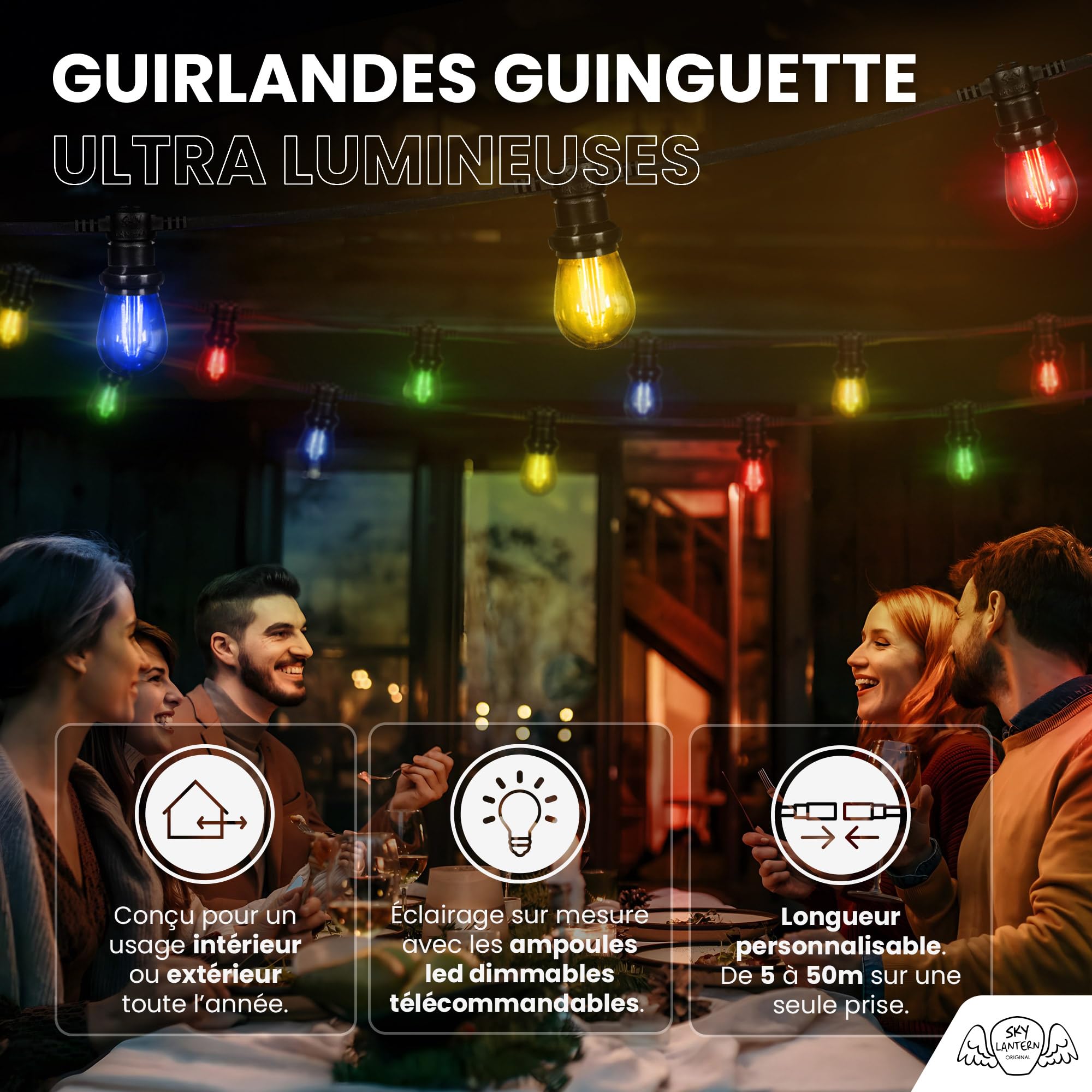 SKYLANTERN Guirlande Guinguette 20M 40 Bulbes Filament Rouge Bleu Jaune Vert - Guirlande Lumineuse Ampoule E27 Multicolore