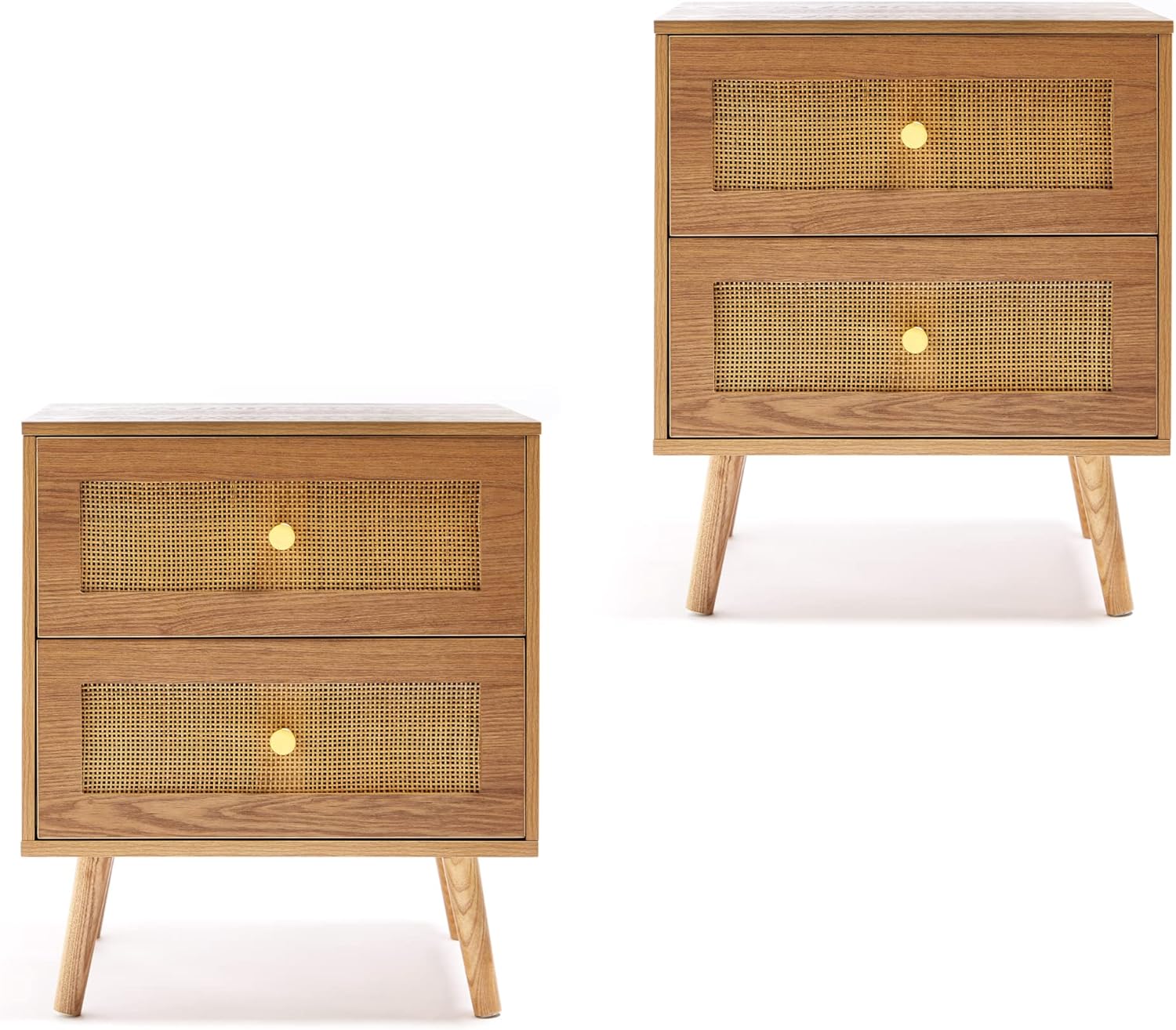 BTFY Rattan Bedside Tables Set of 2 Nightstands w Ash Wood Veneer Wicker Bedside
