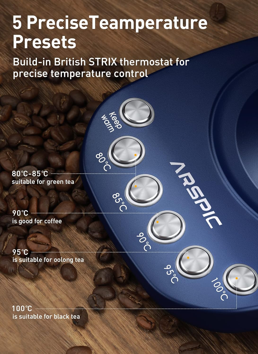 Control panel showing 5 temperature presets and keep warm button