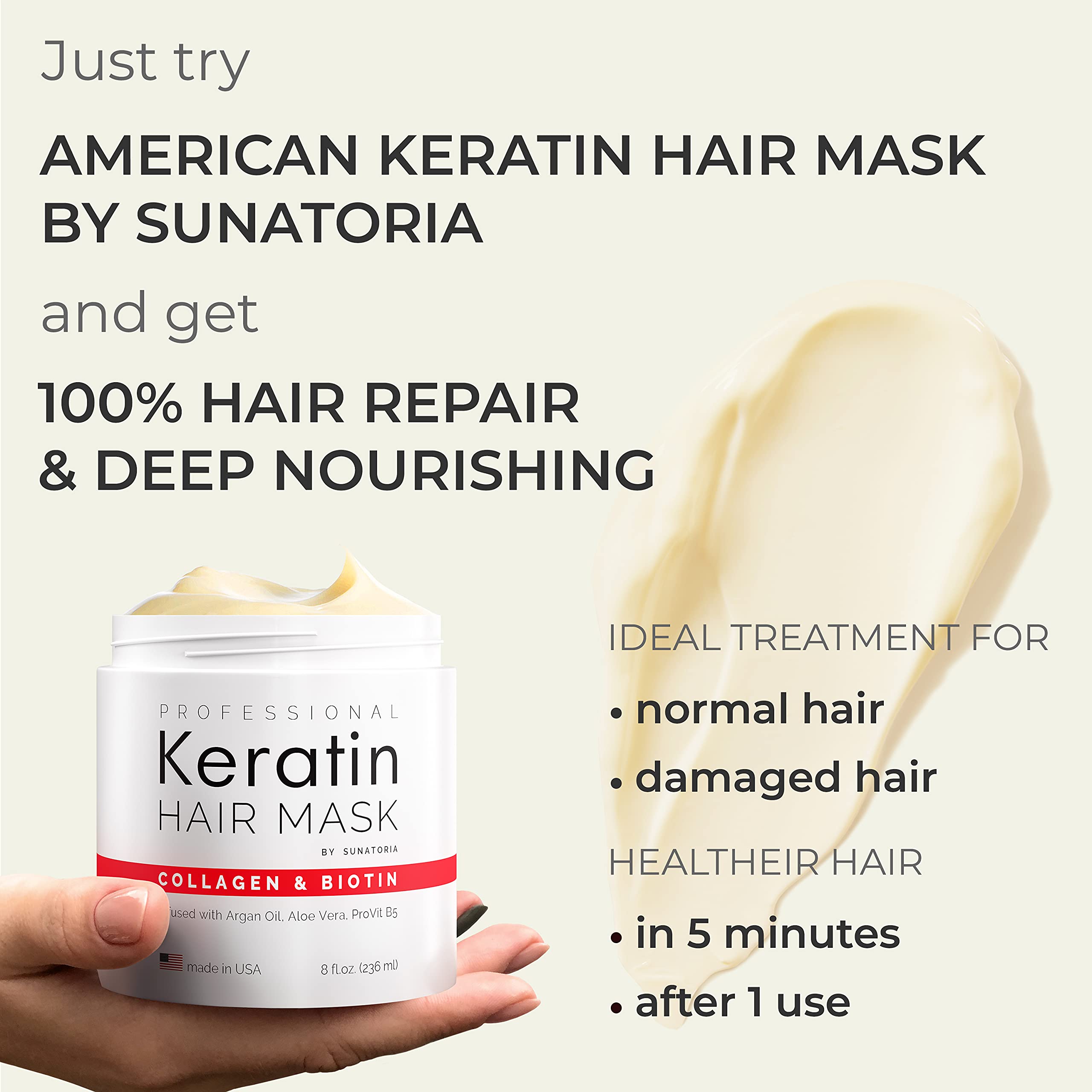 Professional Keratin Hair Mask Made in USA Nourishment Treatment for Hair Repair & Beauty