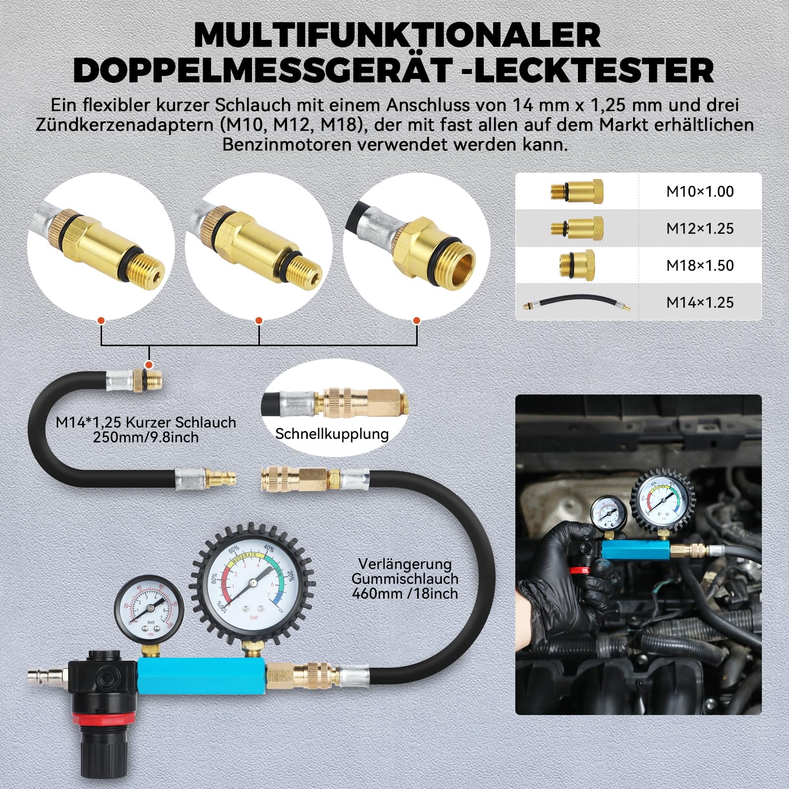46-tlg Profi Kompressionstester Satz KFZ Druckverlustprüfer Motoren Prüfer kompatibel mit Diesel- und Benzinmotoren, Kompressionsprüfer mit Adapter für PKW, LKW, Motorräder