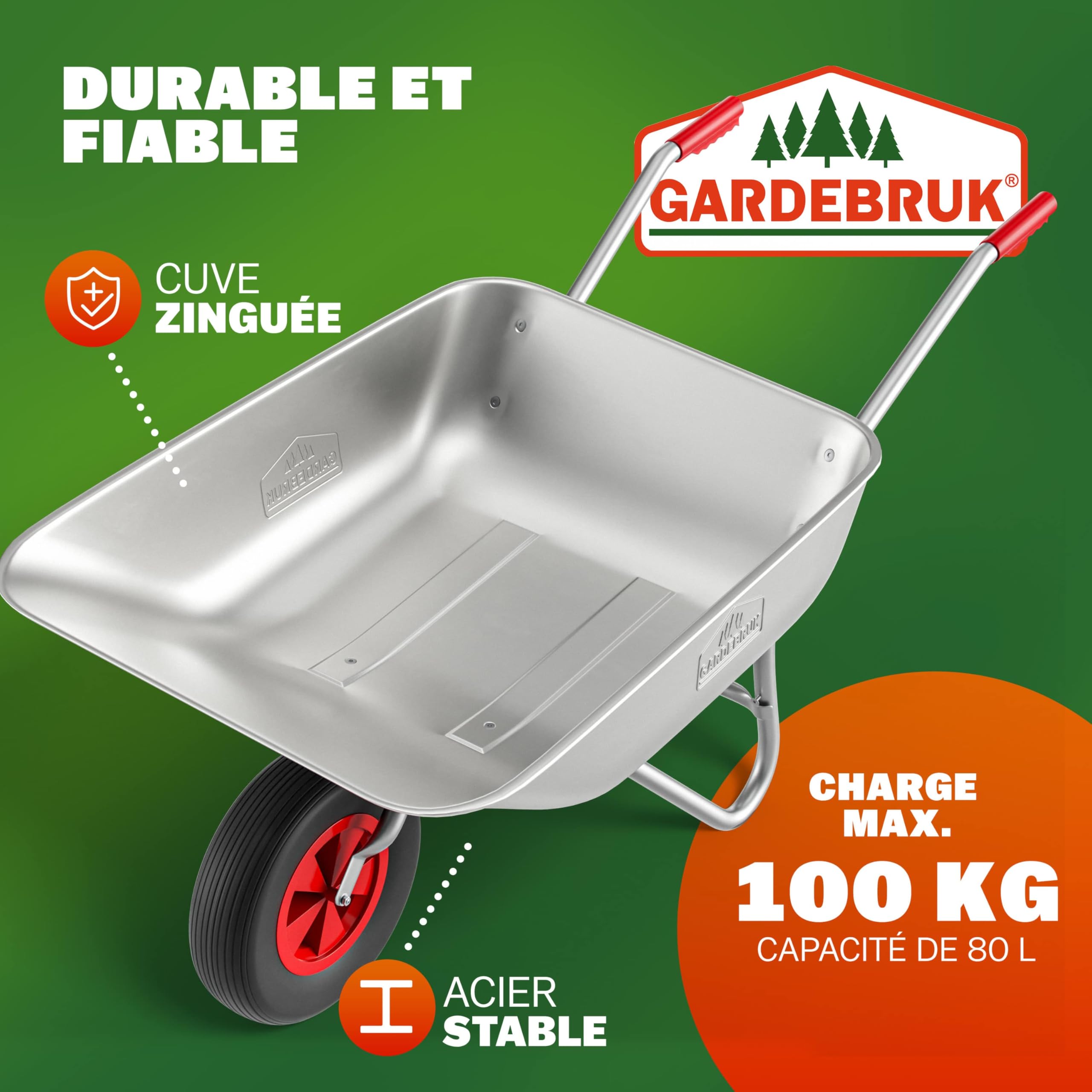 GARDEBRUK® Brouette 80L Max. 100kg galvanisée poignée Caoutchouc brouette Jardin brouette de Chantier Jardinage Chariot de Transport Roue de brouette pneumatique outils jardinage