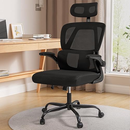 Miniatura 4 de Silla de oficina ergonómica, asiento de malla transpirable, respaldo alto con soporte lumbar ajustable, reposacabezas y brazos abatibles, negro