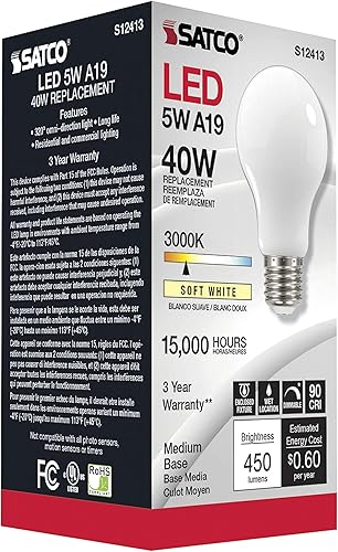 Miniatura 5 de Satco Paquete de 6 lámparas de filamento LED regulables, S12413, lúmenes altos, 5 vatios, A19 blanco suave 3000 K base media 90 CRI 120 voltios para