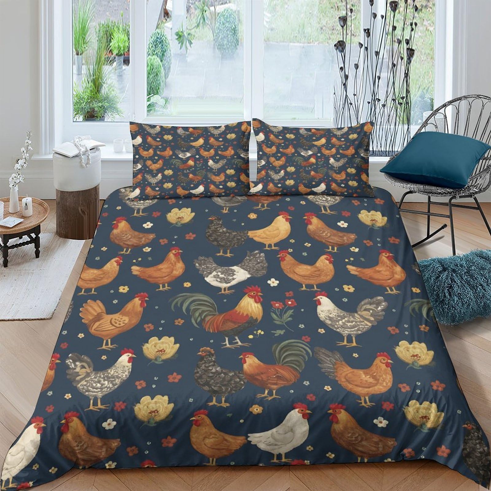 Ctjqhvkz Style-2 3D Printed Chicken Hen Fitted Sheet Microfiber Farmhouse Rooster Bed Cover Anti-Slip Machine Washable Bedroom Decor Single（135X200cm）
