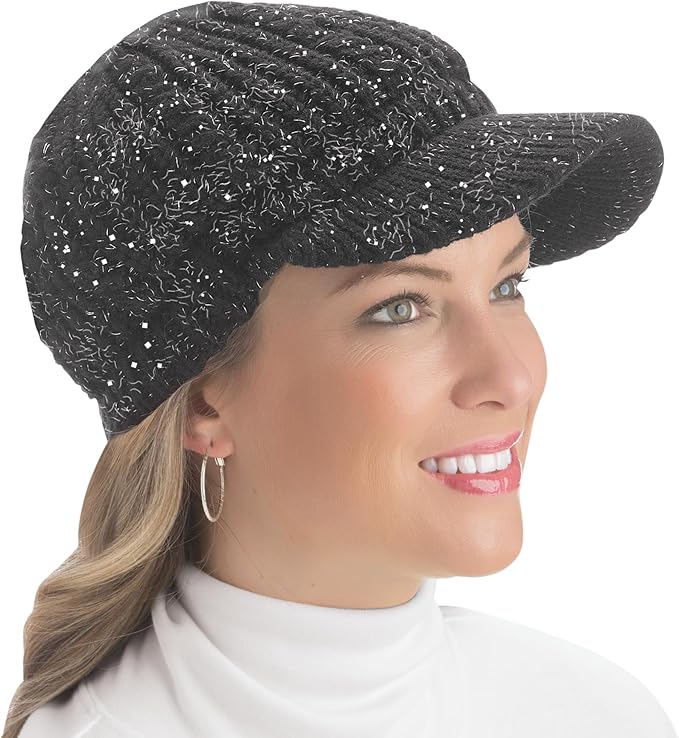 Collections Etc Lurex Cable Knit Beanie Hat with Visor Brim