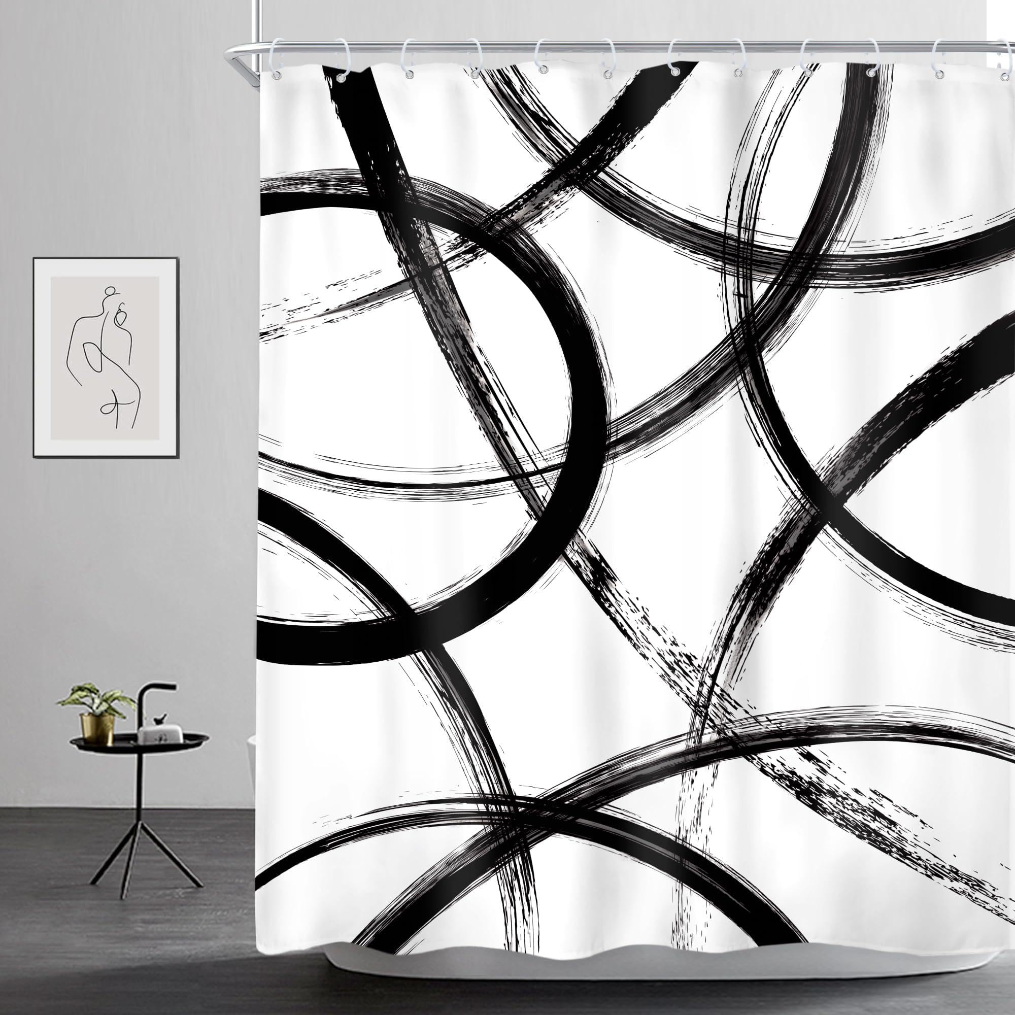 UIYIUI Abstract Black White Shower Curtain 69x70in-175x178cm Minimalist Line Contemporary Art Unique Aesthetic Geometric Neutral Modern Mens Bathroom Decor Set, Polyester Fabric Waterproof