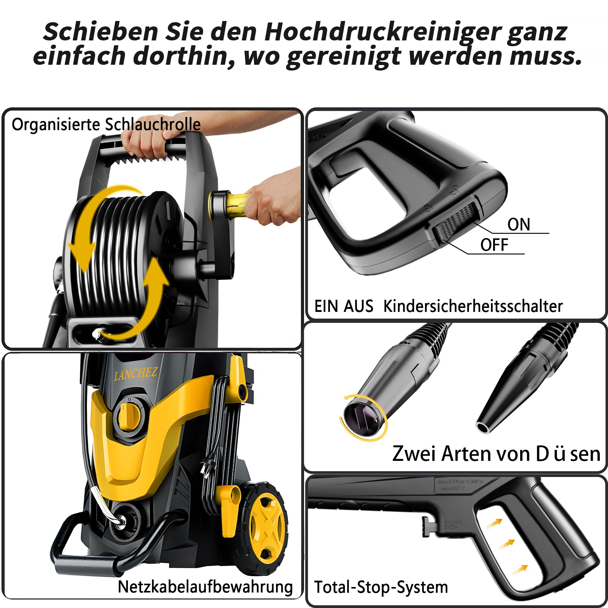 LANCHEZ Hochdruckreiniger, max Druck 180 bar, 480 l/h Fördermenge, 7-in-1-Zubehör Kit, 500ml Schaumsprüher | Schnellkupplungen | Schnellanschlussdüsen | Terrassenbürste für Terrasse, Auto, Gelb