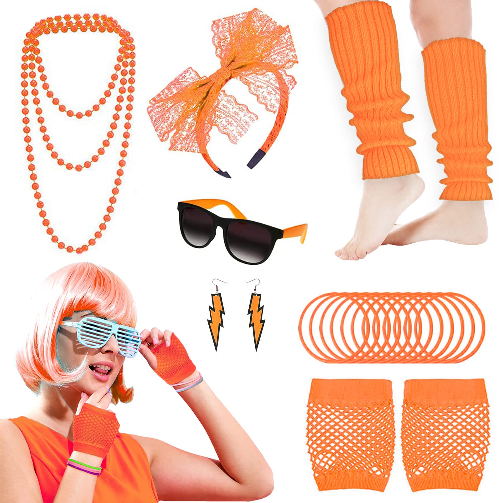 19Pcs Ladies 80s Accessories, Orange 80s Fancy Dress for Women with Lightning Earrings Necklace Fishnet Gloves Headband for Retro Parties Hen Do Parties Girls Kids-Orange