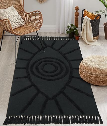 Uphome Alfombra bohemia de 3 x 5 pies, lavable, de mal de ojo, con borlas, suave tejido de algodón, alfombra moderna y minimalista para el suelo,