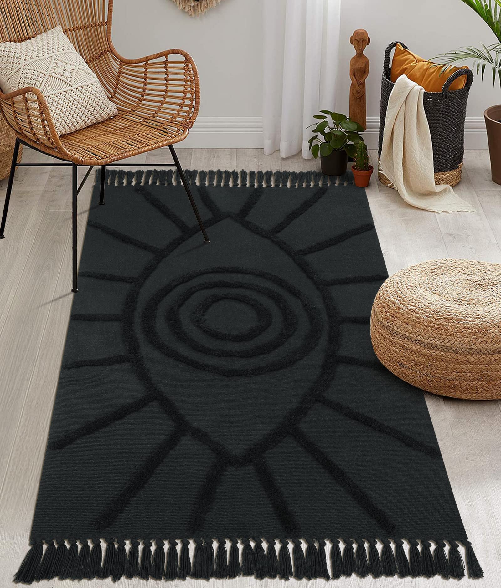 Uphome Boho Area Rug 3'x5' Washable Evil Eye Tufted Bedroom Rug with Tassels Soft Cotton Woven Entryway Rug Modern Minimalist Dark Gray Floor Carpet