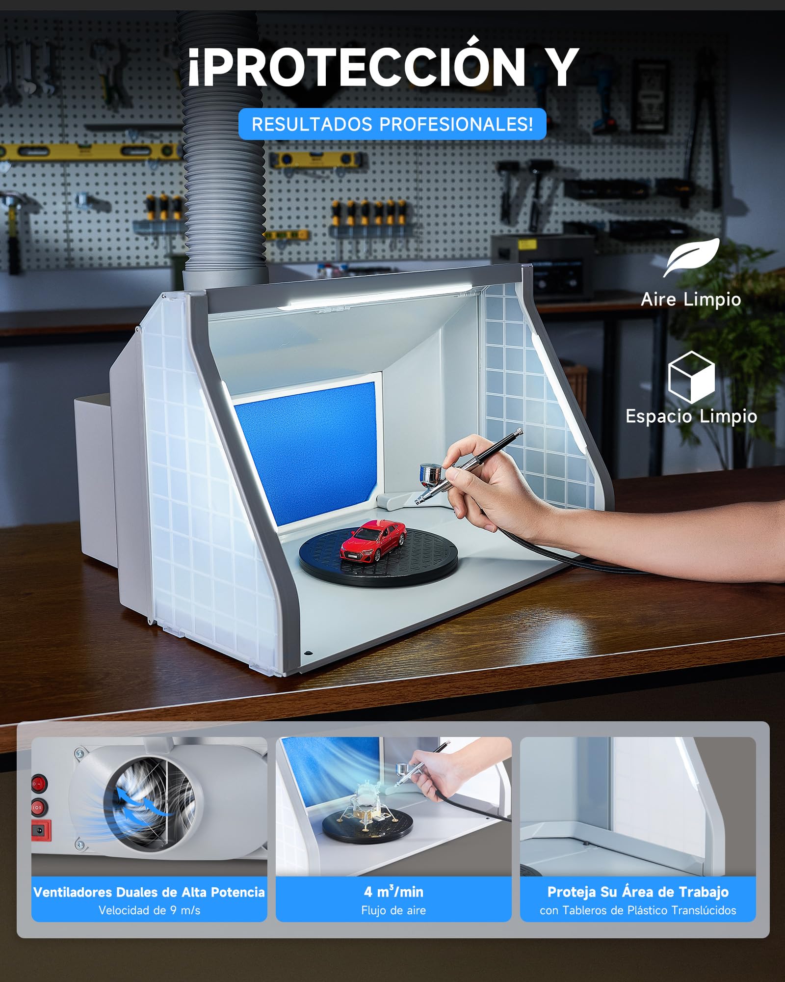 VONLUCE Cabina de Pintura Plegable con Aerógrafo Profesional, Ventilación Ajustable 4m³/min, 3 Luces LED, Plato Giratorio 19 cm Manguera 1,4 m para Modelos y DIY