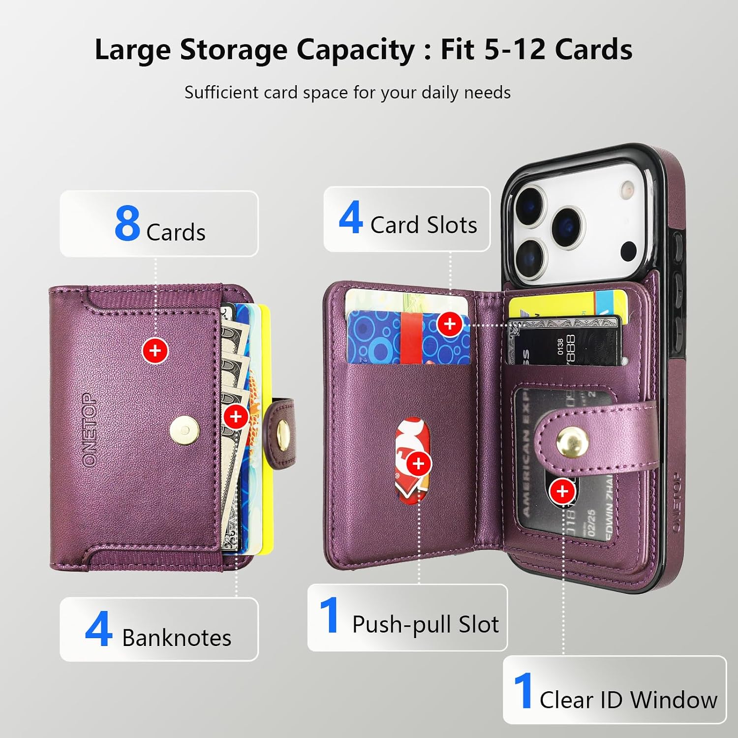 ONETOP for iPhone 18 Pro/17 Pro Detachable Magnetic Wallet Case,Purple image 3
