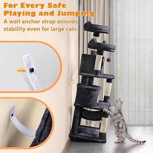 Miniatura 9 de Yaheetech Torre para gatos de 62.2 pulgadas, árbol para gatos de varios niveles con condominio doble, plataforma para gatos y hamaca, casa de juego