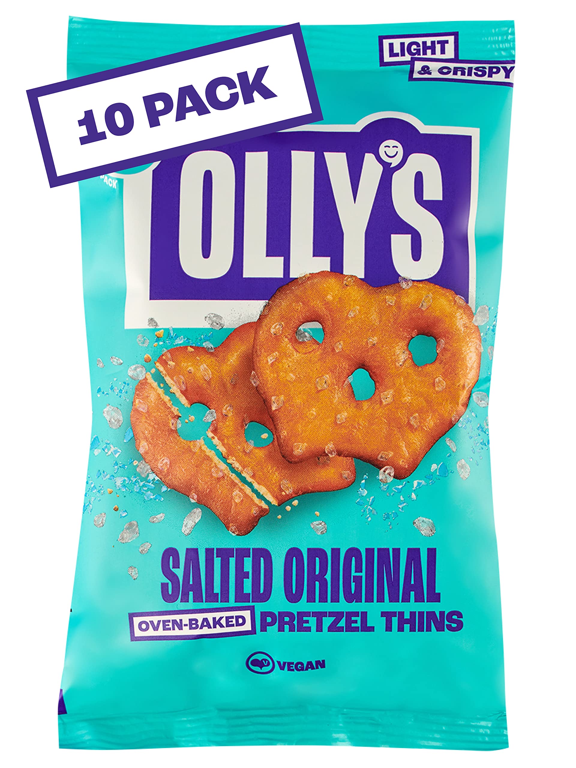 Olly's Pretzel Thins, Original Salted, 35g (Pack of 10), Handy Snack Pouches, Healthy Plant-Based Vegan Snacks for Dipping, Low Calorie Snacks, Low Fat, Source of Fibre, No Preservatives