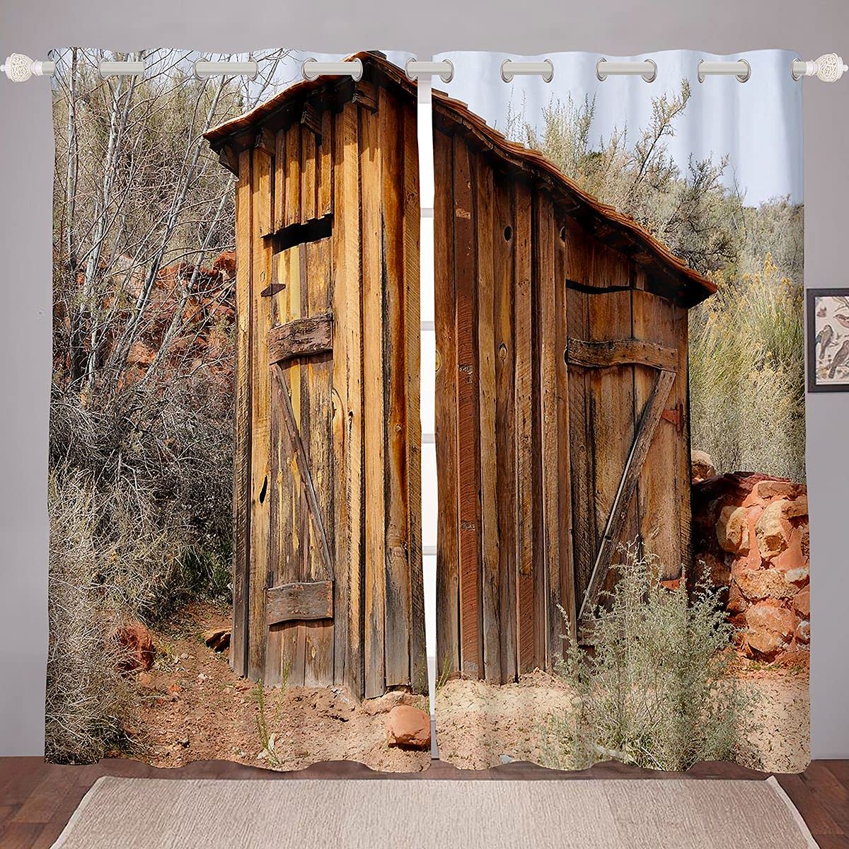 Old Wooden House Window Curtains for Bedroom Living Room Wooden Curtains for Kids Boys Girls Retro Design Window Drapes Mountain Village View Window Treatments,W46*L54