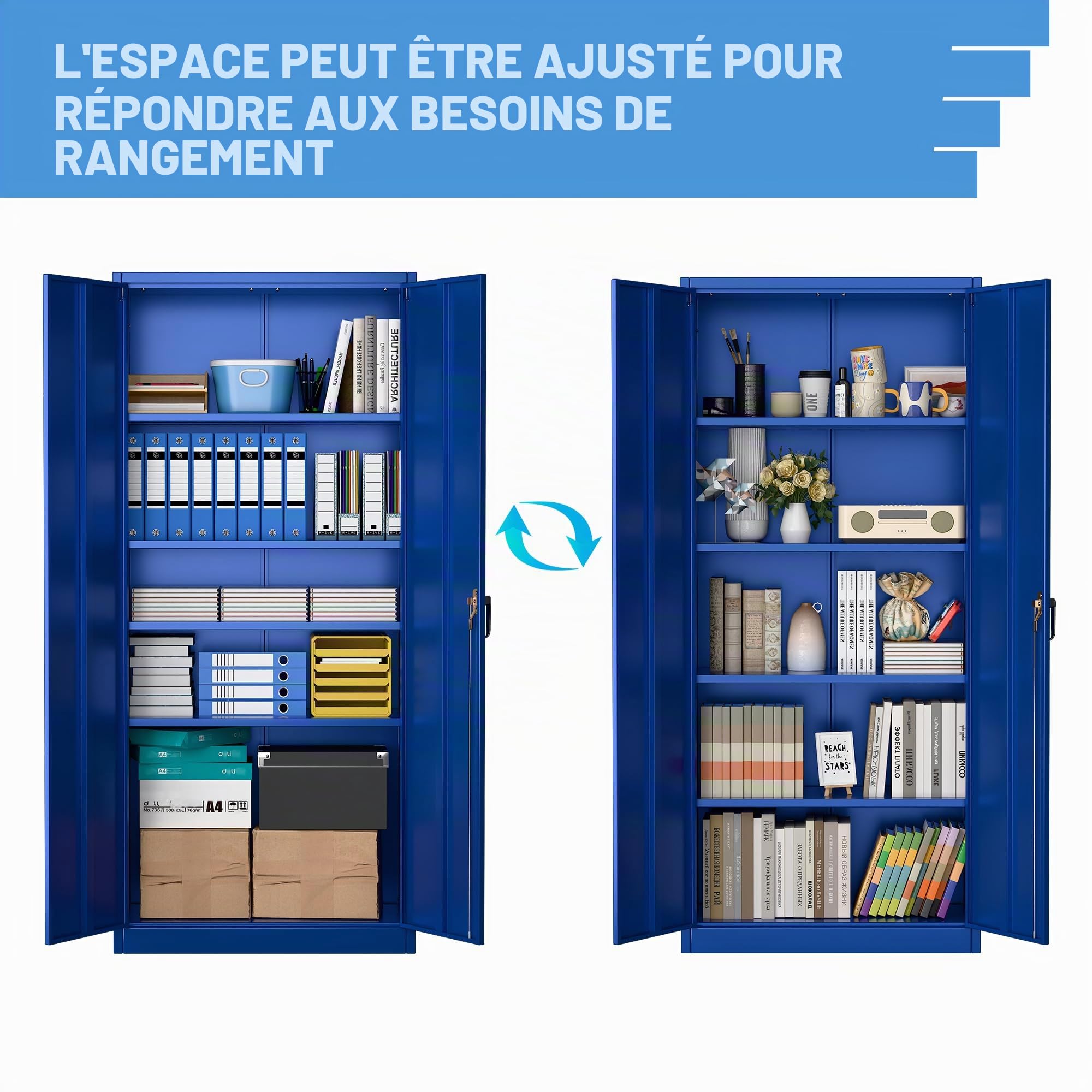 SUPEER Armoire de rangement en métal avec 2 portes et 4 étagères réglables | Armoire en acier de 180 cm de haut pour entrepôt, garage, maison, bureau, assemblage facile nécessaire (bleu)