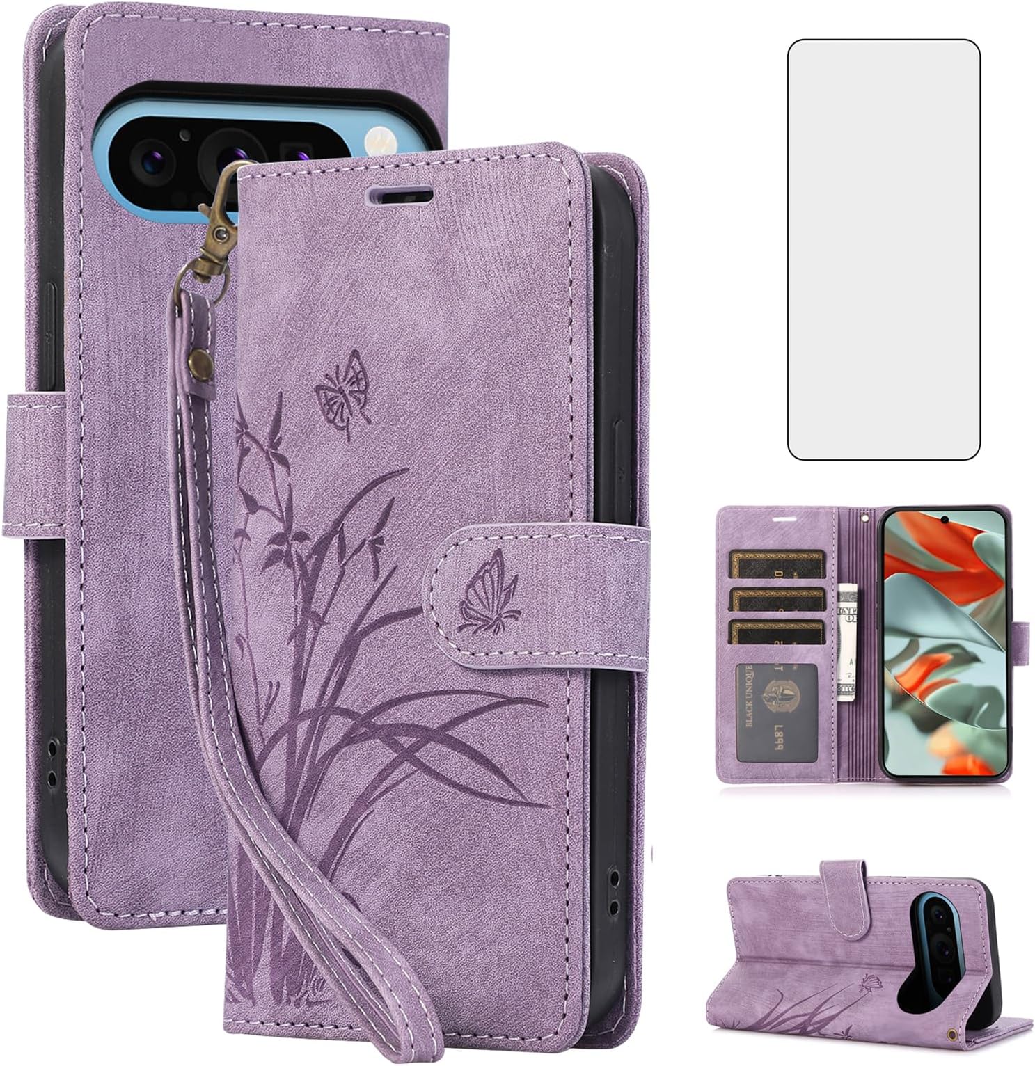 Phone Case for Google Pixel 9 Pro XL/ Pixel10 Pro XL 5G Wallet Cover with Tempered Glass Screen Protector Wrist Strap Credit Card Holder Flip Flower Stand Slot Cell Pixel9 9ProXL Nine Women Men Purple