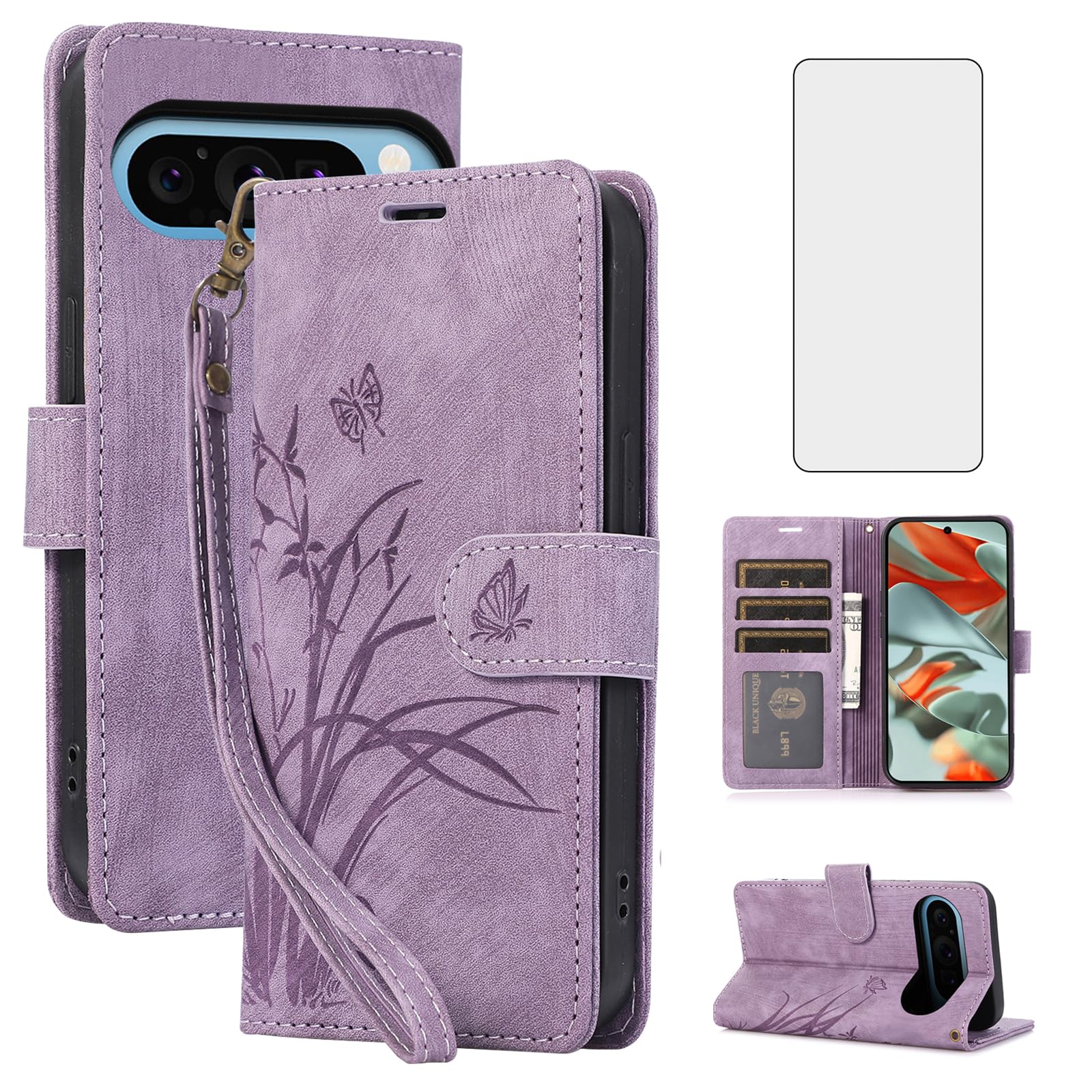 Phone Case for Google Pixel 9 Pro XL/ Pixel10 Pro XL 5G Wallet Cover with Tempered Glass Screen Protector Wrist Strap Credit Card Holder Flip Flower Stand Slot Cell Pixel9 9ProXL Nine Women Men Purple