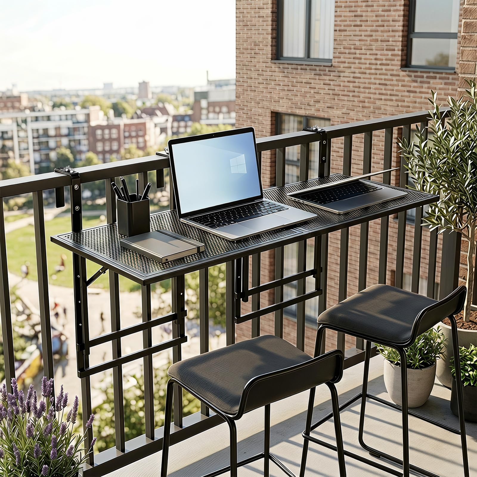 COSTWAY Set di 2 Tavolini Pieghevole da Balcone, 121 x 41 x 60-80 cm | Tavolino da Appendere per Ringhiera con Piano d'Appoggio Ampio, 5 Posizioni Altezza Regolabili, Tavolo Richiudibile
