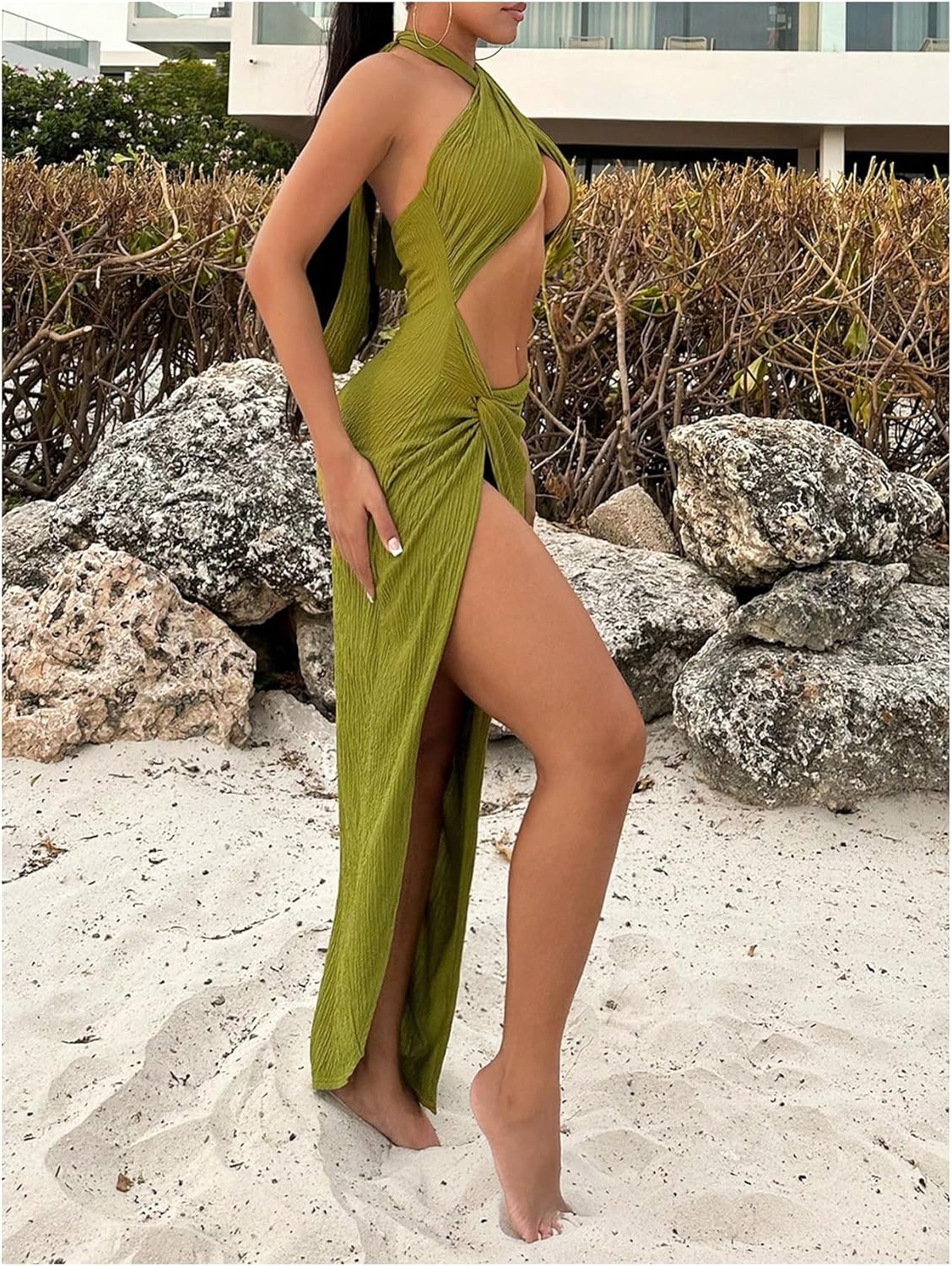 Women's Twist Front Sleeveless Halter Tie Long Dress Split Thigh Backless Cut Out Cami Dresses Sexy Dress - Image 4