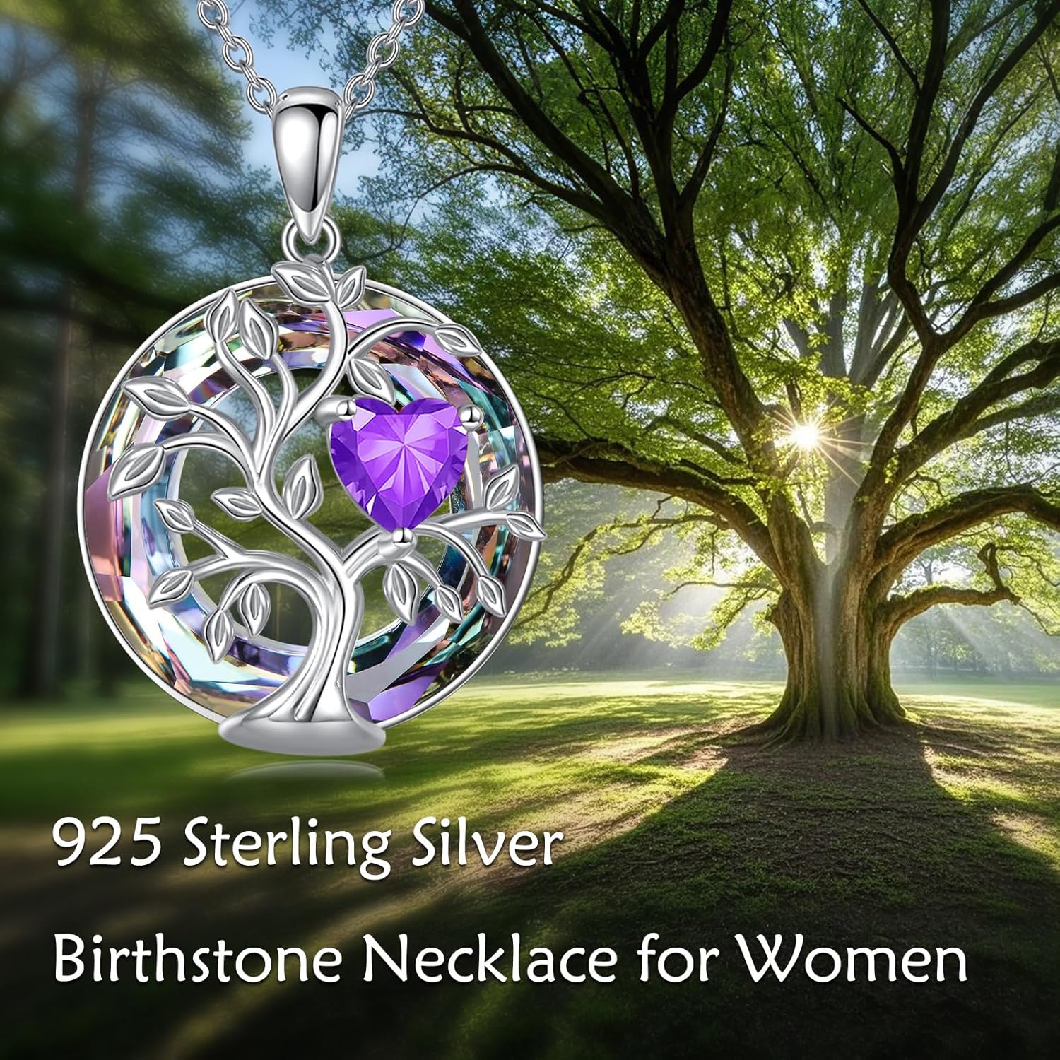 Tree Of Life Birthstone Necklace 925 Sterling Silver Crystal Family Tree Pendant Necklaces Heart Birthstone Jewelry For Women Female Anniversary Birthday Gifts - Image 5