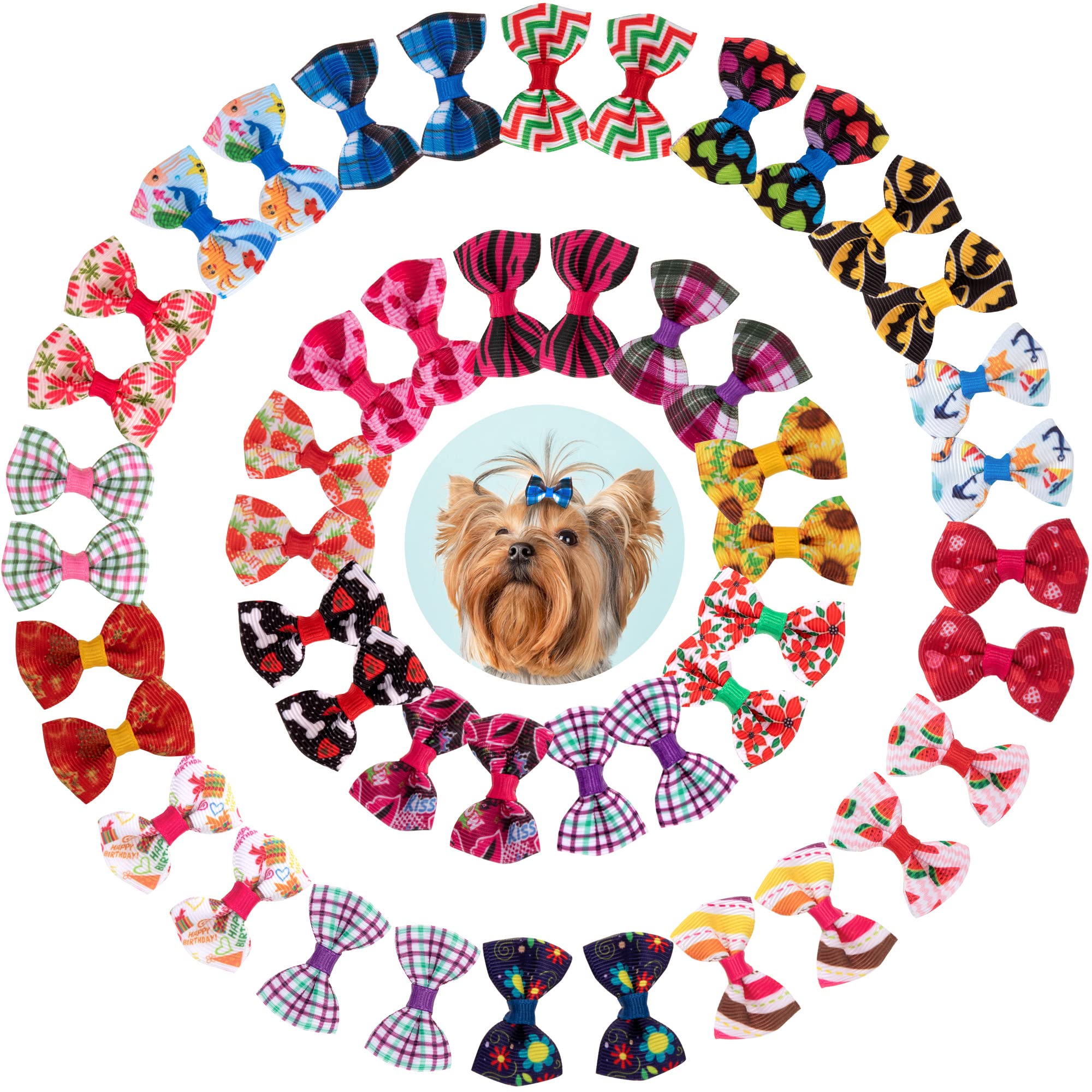 Accessoires pour Cheveux de Chien Arc Coiffe 50 Pièces épingle à Cheveux Animaux Cheveux de Chien Arcs Accessoires avec des Bandes de Caoutchouc pour Petits Chiens, Chats, Couleurs au Hasard
