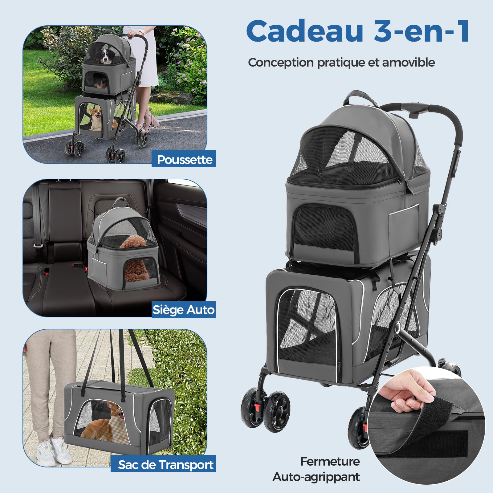 GYMAX Poussette Chien Chat 2 Couches Détachable, Transporteur et Siège Auto 3-en-1 pour Animaux de Companie, Auvent Réglable, Coussin Amovible, Poche de Rangement, Cadre en Métal Pliable (Gris)