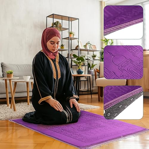 Miniatura 7 de Z&Z living Space Alfombra de oración musulmana, extra suave y gruesa, acolchada para viajes Eid, Ramadán, regalo islámico e ideal para rodillas y