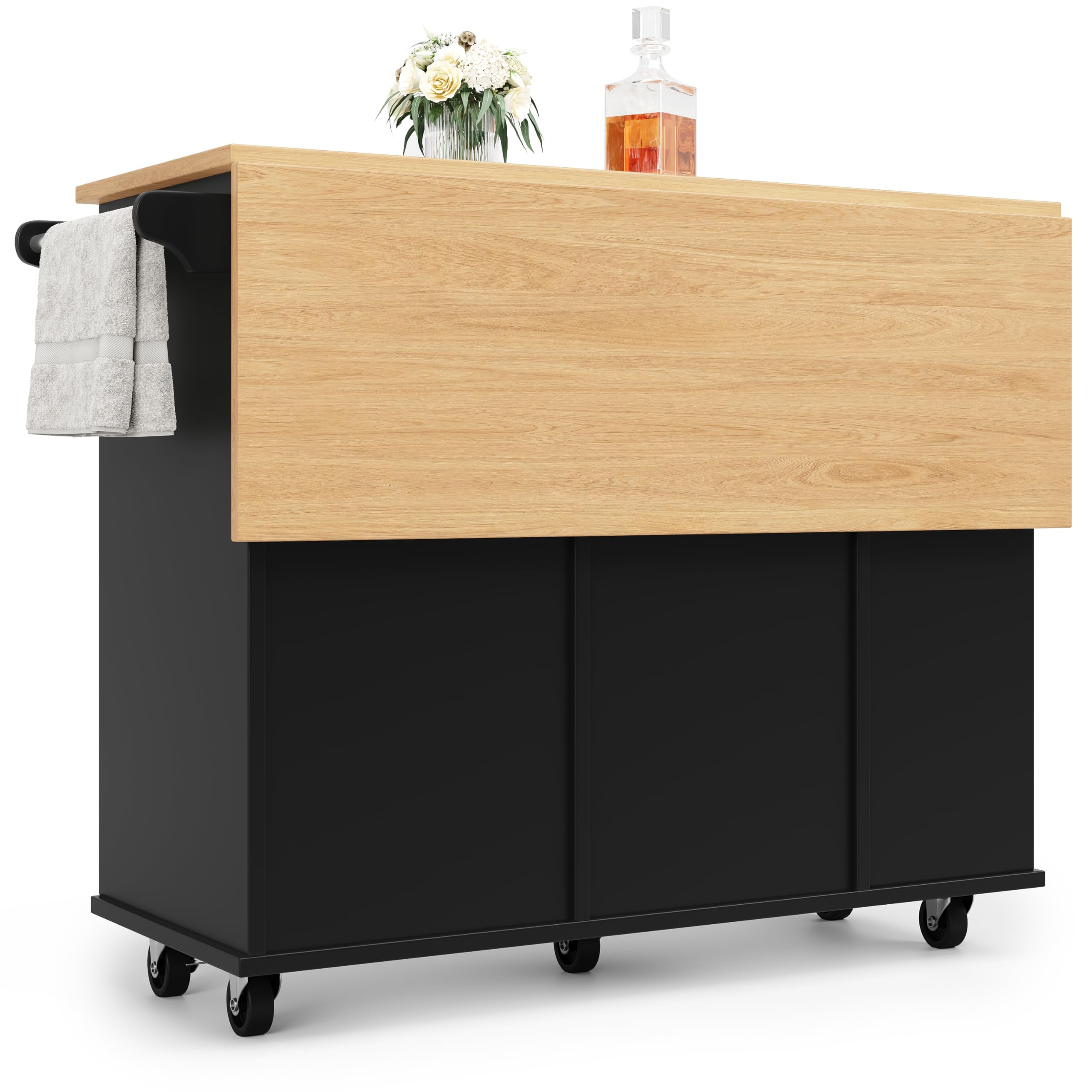 Carro isla cocina sobre ruedas con superficie de trabajo plegable, isla cocina, mueble con porta aperitivos y porta vasos de vino, carro de comedor con divisores extraíbles, 120 x 42 x 91,5 cm