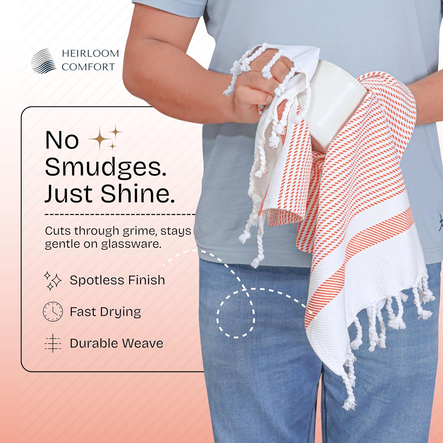 Orange Turkish Kitchen Towels 16x26 Inch, 3 Pack, 100% Cotton, Ultra Absorbent, Soft, Fast Dry, Machine Washable, Dish Towel with Tassels for Drying Dishes, Cleaning, Everyday Use - Image 3