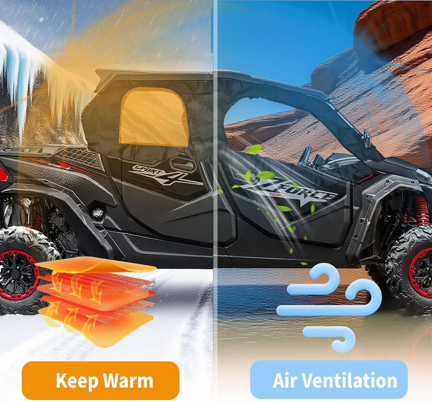 QYMOTO ZForce 950 Upper Doors with Zipper Window,Double-layer Oxford Cloth All Weather Quick Installation Soft Cab Enclosure Compatible with 2024+ CFMOTO ZForce 950 Sport 4(Left and Right Door)