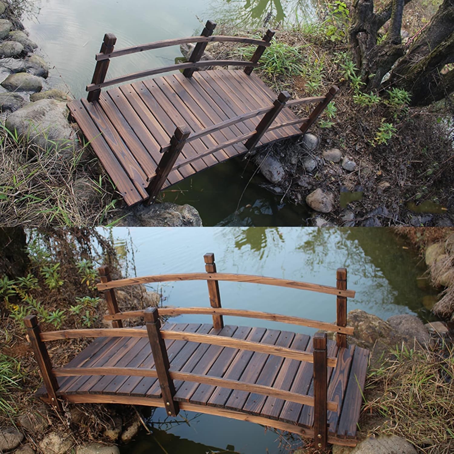 Wooden Garden Bridge with Safety Railings Large Decorative Pond Foot Bridge for Backyards Streams and Creeks Outdoor Arch Bridge (59.1x25.6x19.7inch)