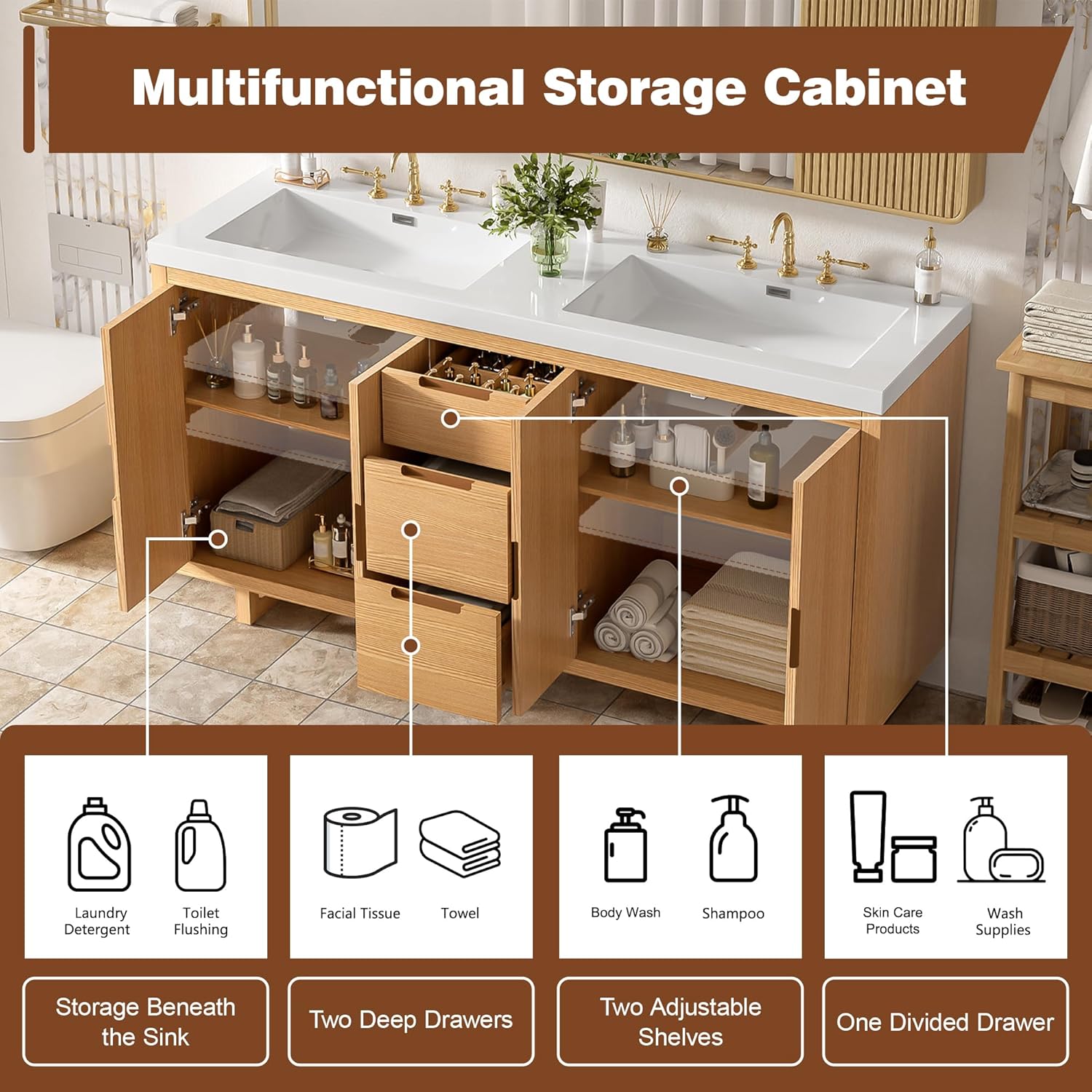 Merax Bathroom Vanity with Sink - 60 Inch Bathroom Vanity Double Sink, Freestanding Cabinet with 4 Doors & 3 Drawers, Space-Saving Storage Cabinet, Handle-Free Design,Nature Wood
