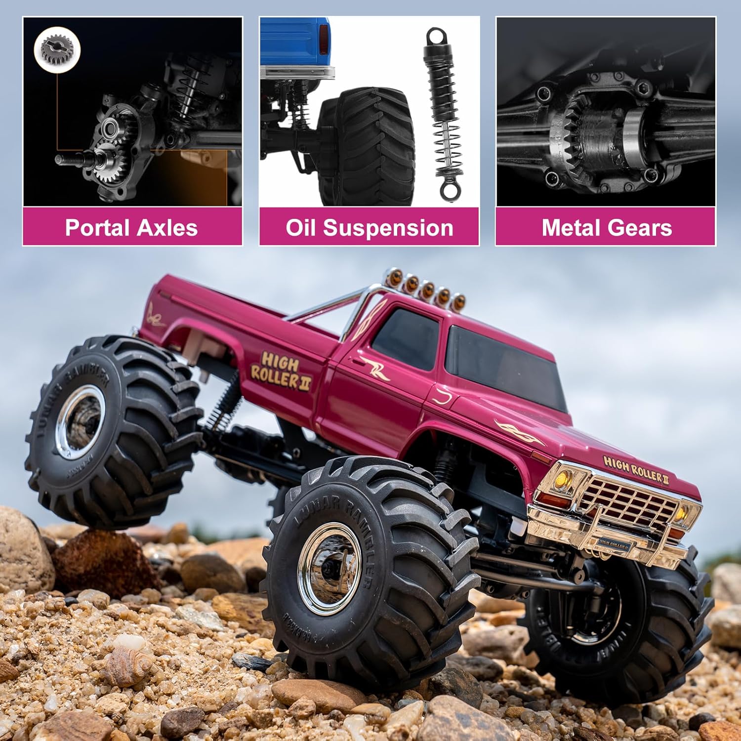 BEEZRC FMS 1/24 Smasher Monster Truck FCX24 RTR 4WD 2.4GHz Brushed 8km/h RC Crawler RC Off-Road Truck Remote Control Car with LED Lights(High Roller)
