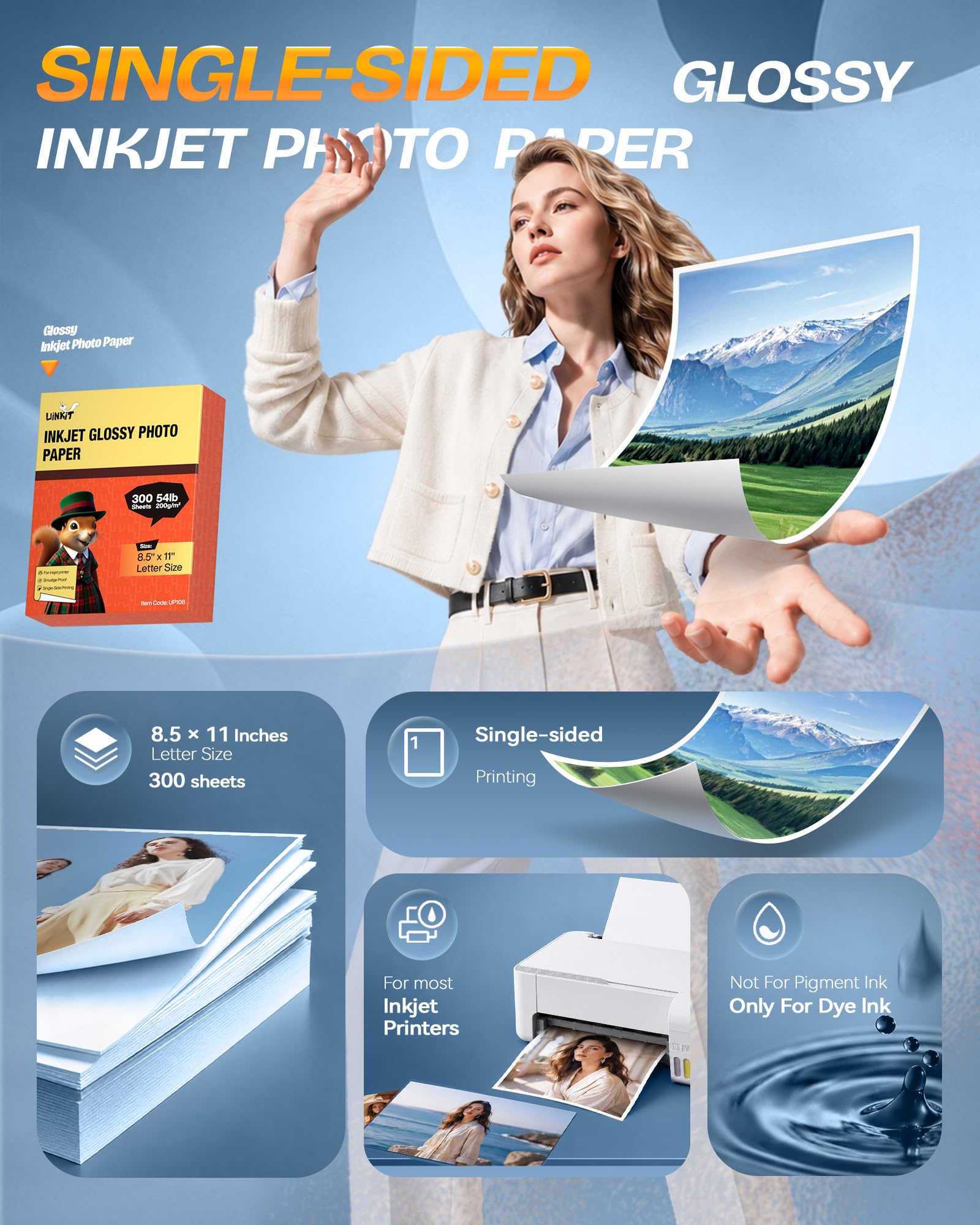 Uinkit Lot de 300 feuilles de papier photo brillant pour imprimante à jet d'encre 24,5 x 27,9 cm