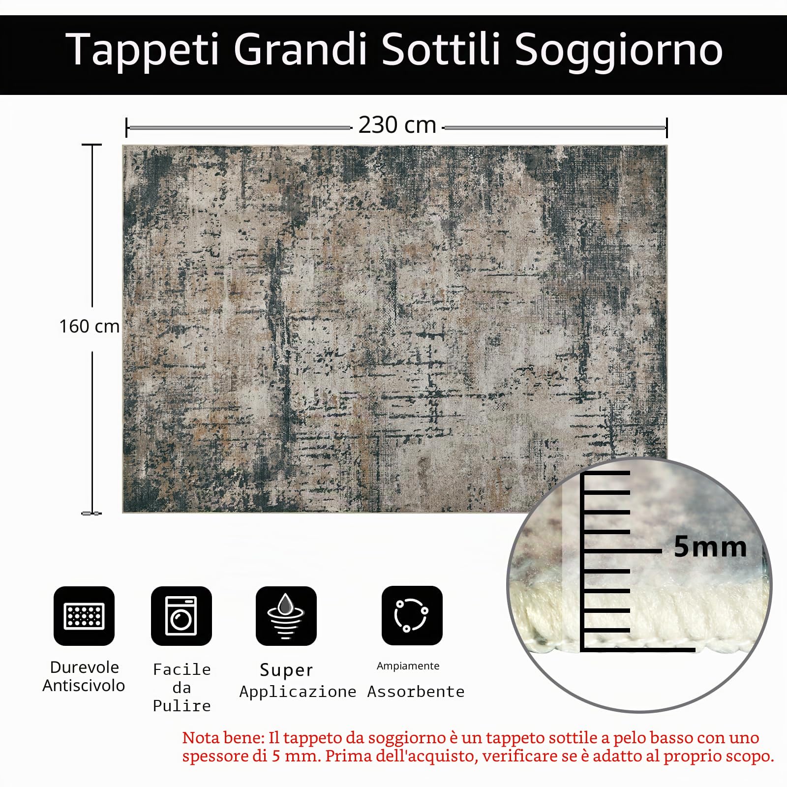 Famibay Tappeti per soggiorno, grande, 160 x 230 cm, lavabile in lavatrice, tappeto grigio, marrone, astratto, moderno, a pelo corto, tappeti area antiscivolo, 5 mm, tappeto sottile per soggiorno