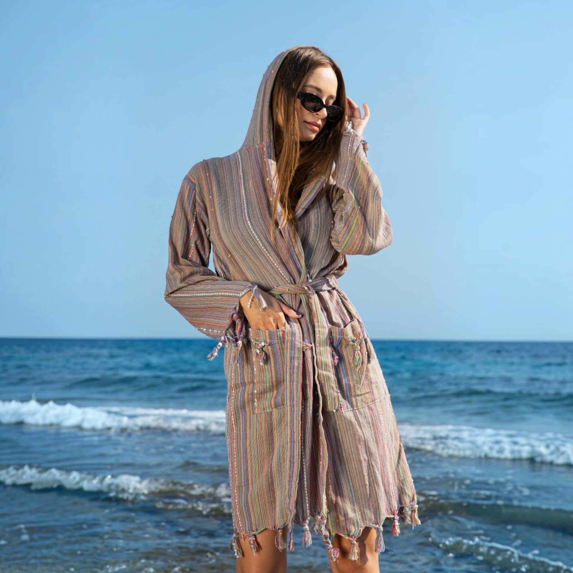 Peignoir de plage pour femme - Style Ibiza Beach Cover Up avec capuche - 100 % coton - Kimono à franges - Couverture de bikini - Robe spa et sauna